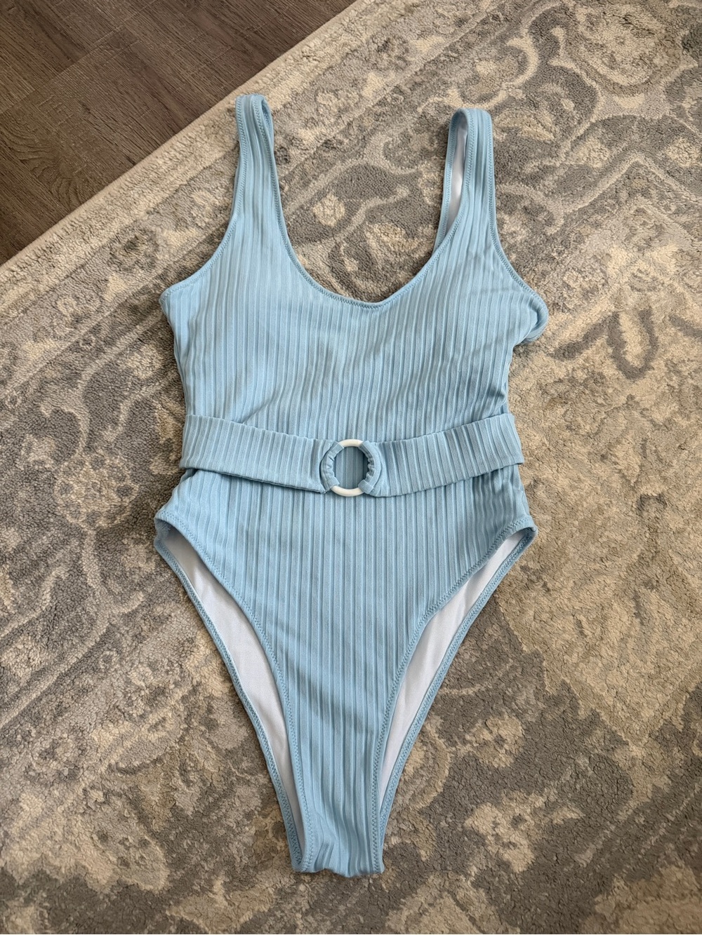 Light Blue Ribbed Belted One-Piece Swimsuit